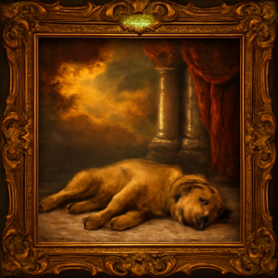 An overwrought heroic oil portrait in a gilded baroque frame: stormy golden clouds and red velvet drapery loom behind an ordinary scruffy tan dog, who lies flat on the marble floor doing absolutely nothing